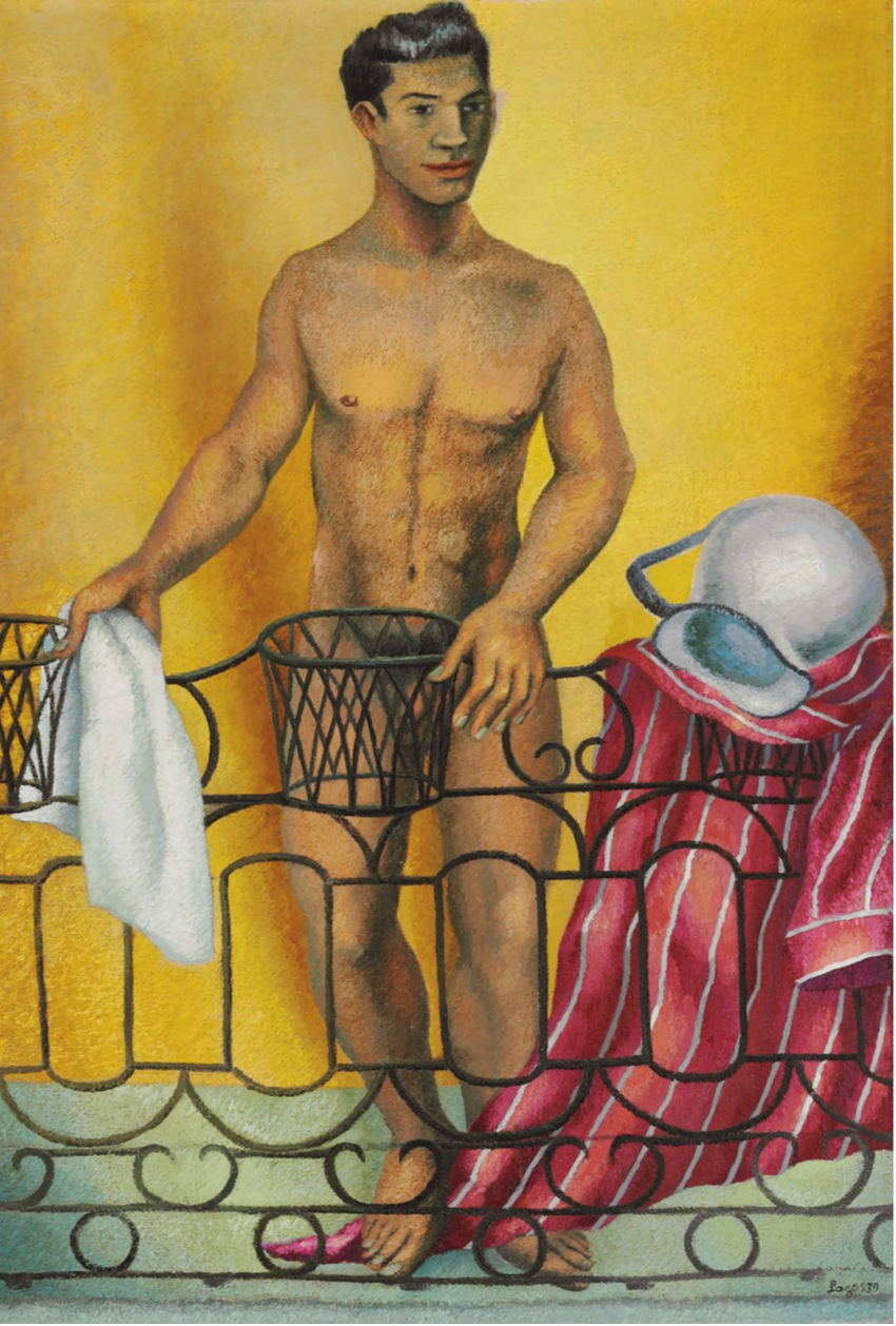 Lazo, Agustín (1898-1971), "Untitled" (naked man standing by a brass bed), 1939