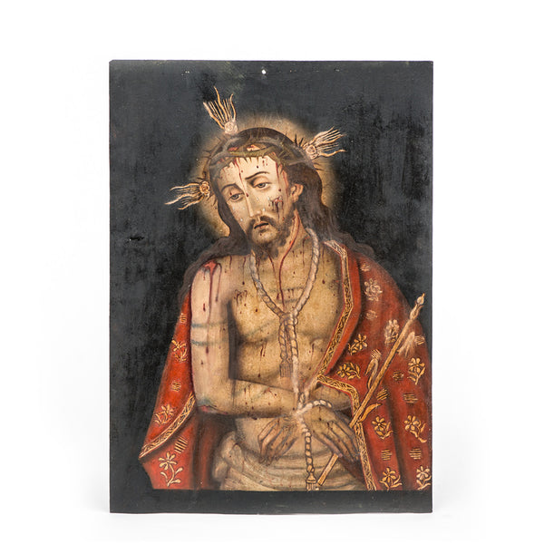 Ecce Homo, Mexican Retablo, Oil on Copper PAINTED BOTH SIDES