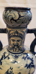 Talavera de la Reina Blue and White Amphora with Lions