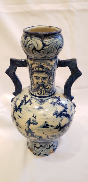 Talavera de la Reina Blue and White Amphora with Lions