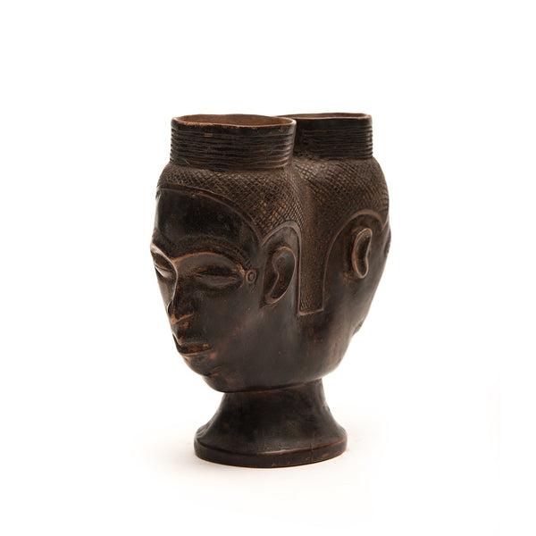 KUBA CEREMONIAL CUP, D. R. OF CONGO, AFRICA Two heads, two cups, one stand