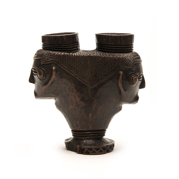 KUBA CEREMONIAL CUP DETAILED CARVED WOOD, D. R. OF CONGO, AFRICA, SINGLE FOOTED, DOUBLE HEADED