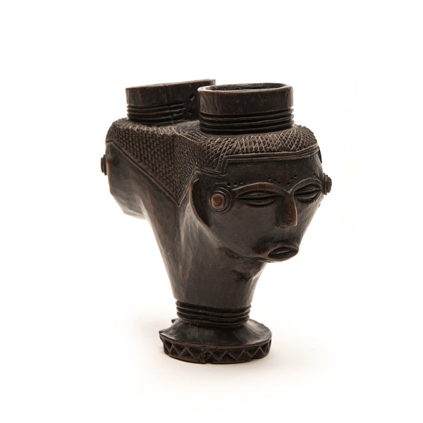 KUBA CEREMONIAL CUP DETAILED CARVED WOOD, D. R. OF CONGO, AFRICA, SINGLE FOOTED, DOUBLE HEADED