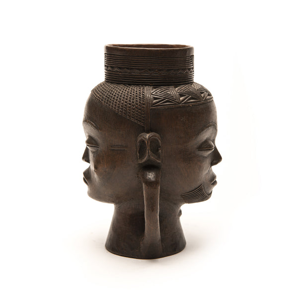 KUBA CEREMONIAL CUP, D. R. OF CONGO, AFRICA Kuba Cup, Two heads, Two handles, One Stand