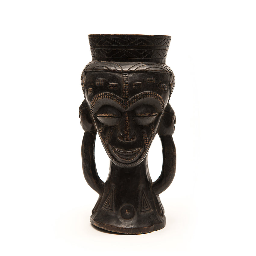 KUBA CEREMONIAL CUP, D. R. OF CONGO, AFRICA, One Male Head, Two Handles, One Stand