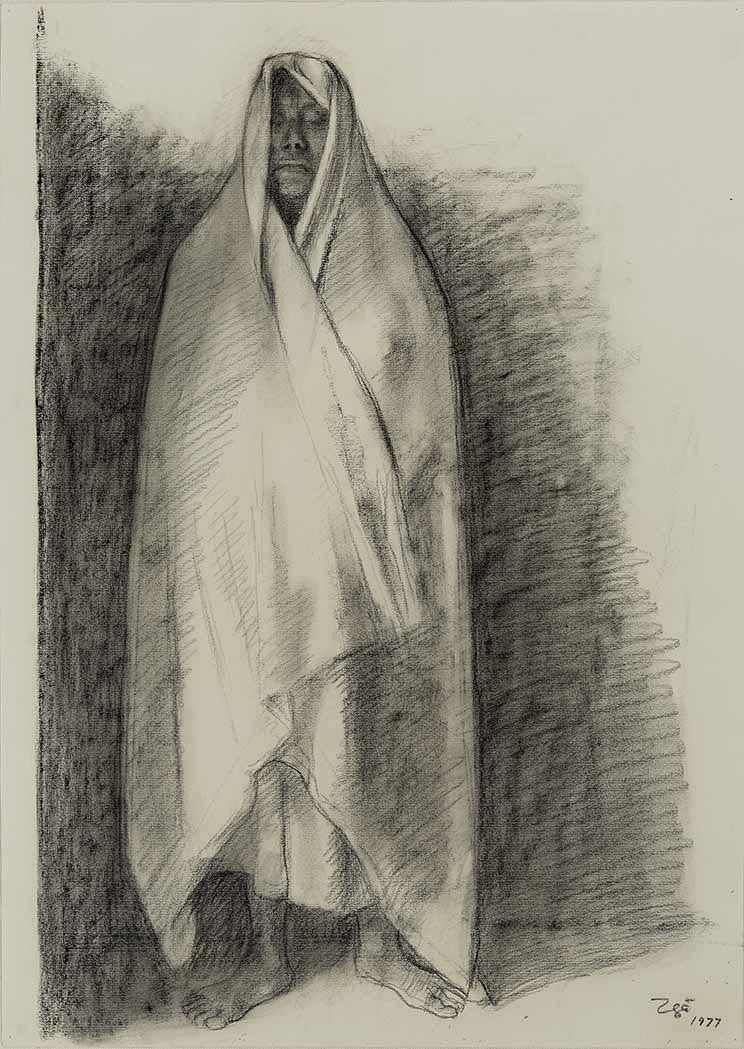 Zuniga, Francisco; "Mujer Con Rebozo", Charcoal on paper 1977 (Zuñiga)