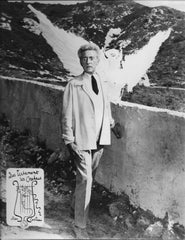 Cocteau, Jean; with Sphinx and "Das Testament des Orpheus" sign