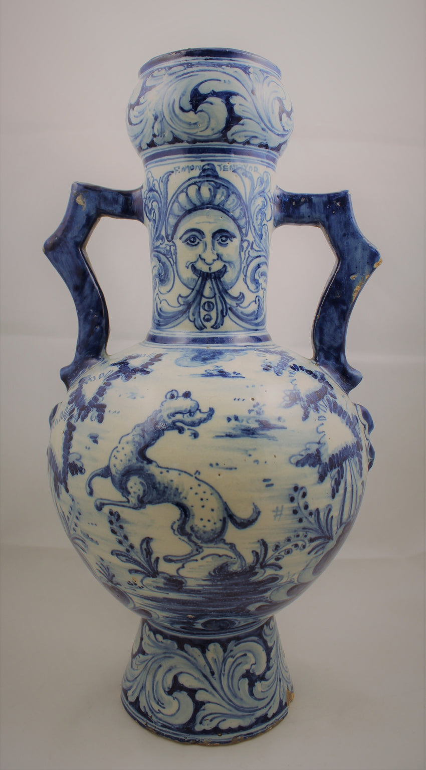 Talavera de la Reina Blue and White Amphora with Lions