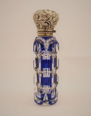 Cobalt Blue Olverlay Crystal and Silver Plated Perfume Scent Bottle, 19th Century France