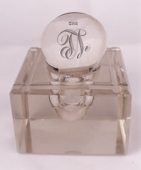 Edwardian antique crystal and sterling silver inkwell cut glass with sterling silver cap