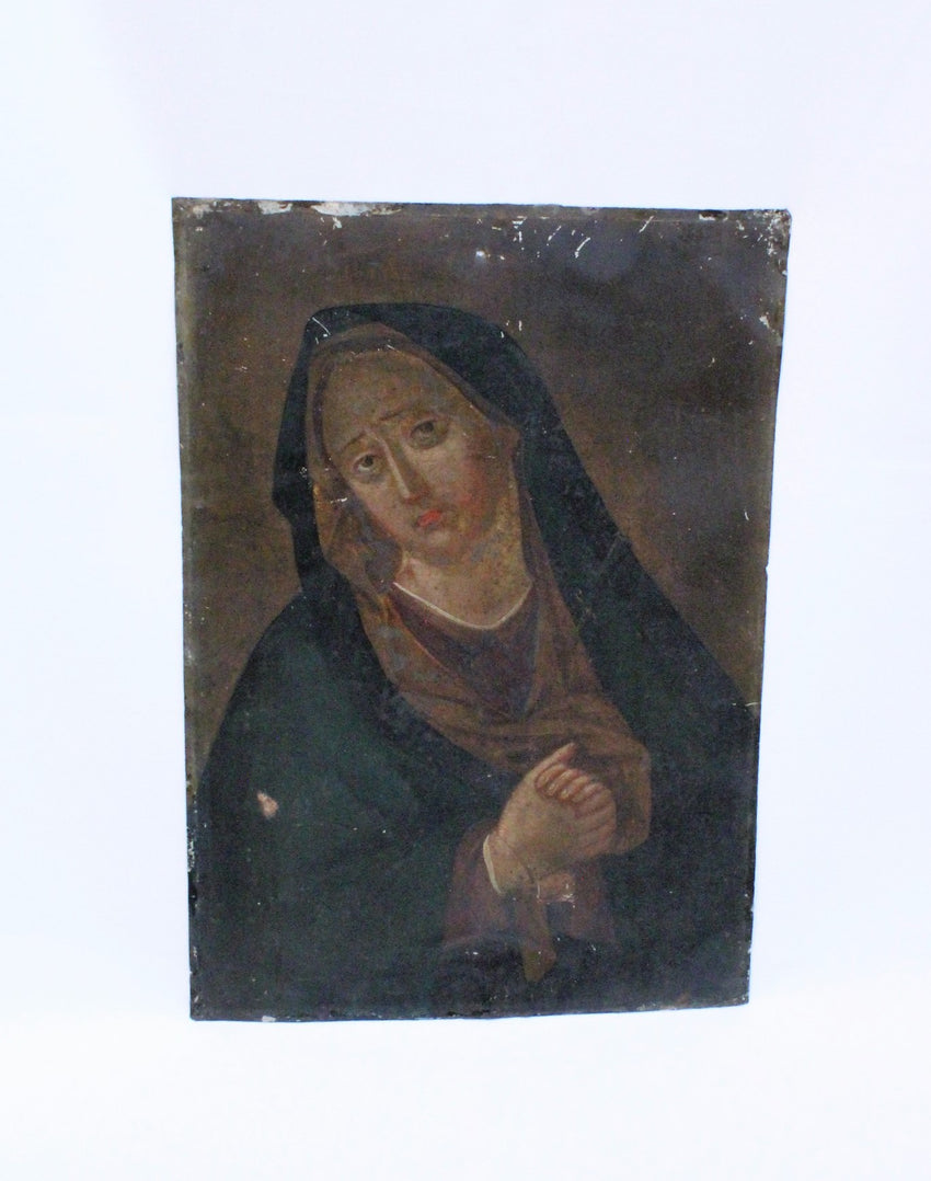 Vintage Mexican Folk Retablo on Tin, "Dolorosa" "Our Lady of the Sorrows"