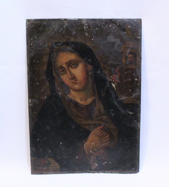 Vintage Mexican Folk Retablo on Tin, "Dolorosa" "Our Lady of the Sorrows"