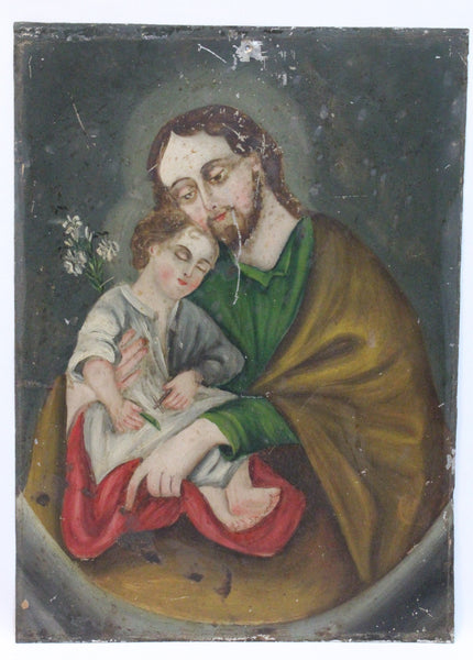 Vintage Mexican Folk Retablo on Tin, "St. Joseph with Jesus"