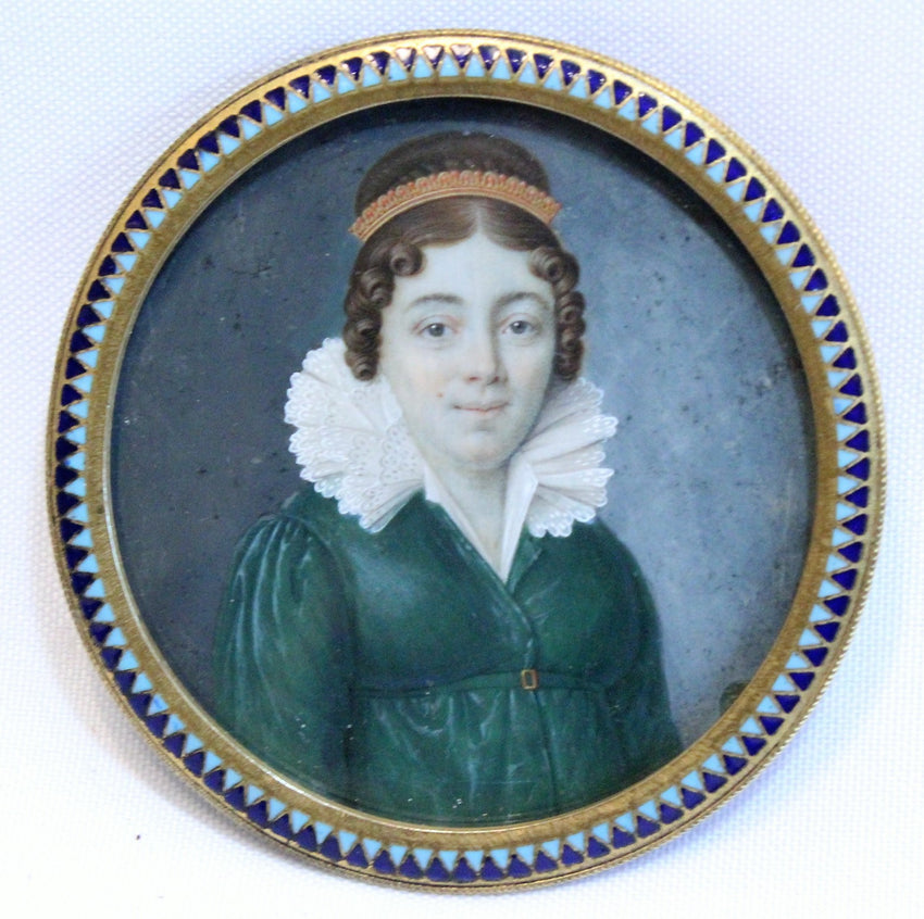 Miniature Portrait of a Lady in a Green Dress and a Red Hairband, French School circa 1810