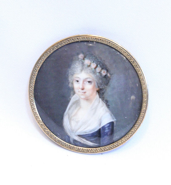 Miniature Portrait of a Woman with Roses Hairband, French School, circa 1790