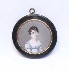 Miniature Portrait of a Young Woman with a White Dress and Short Hair, Faux Tort Frame French School, circa 1810