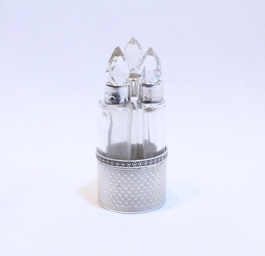 Miniature Crystal and Silver Perfume Bottle Set on stand, stamped