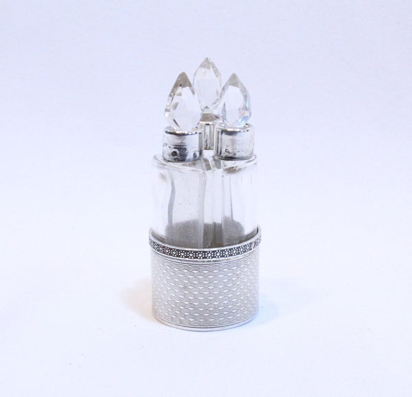 Miniature Crystal and Silver Perfume Bottle Set on stand, stamped