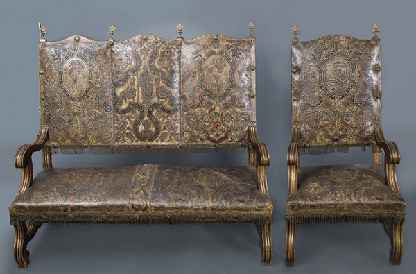 19th Century Spanish, Love Seat and two Chairs, Upholstered in Embossed Leather