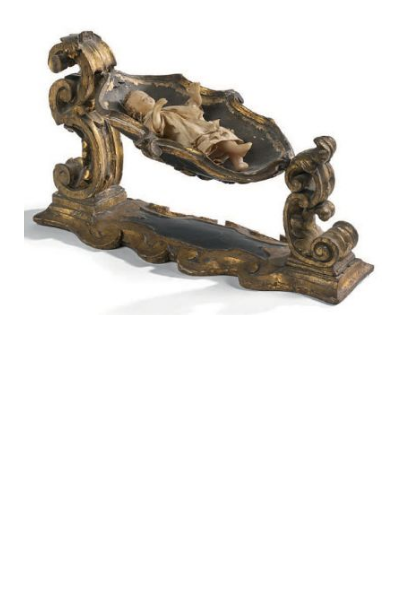 Italian Baroque wooden Cradle with silk dressed was Baby Jesus