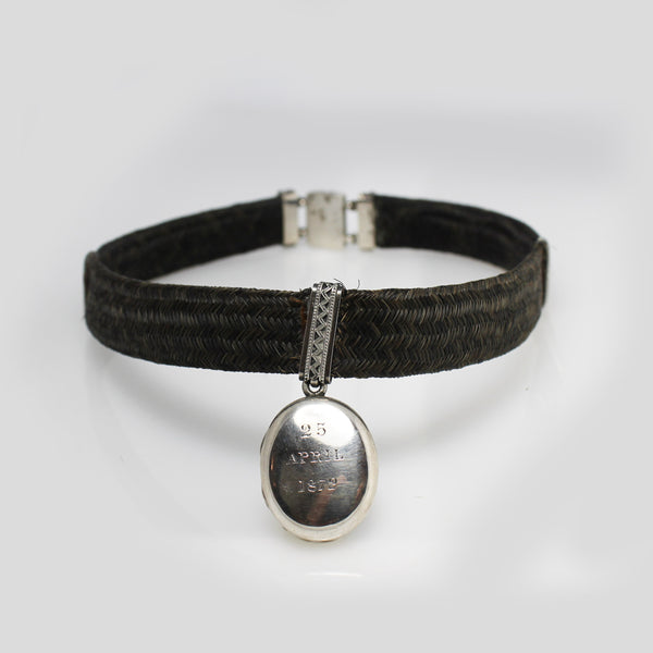 Antique Mourning Hair Choker with Silver Pendant