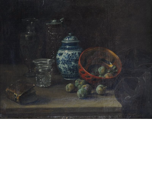 Couder, Gustave Émile;  "Still life with gourd, plums and blue and white pitcher"