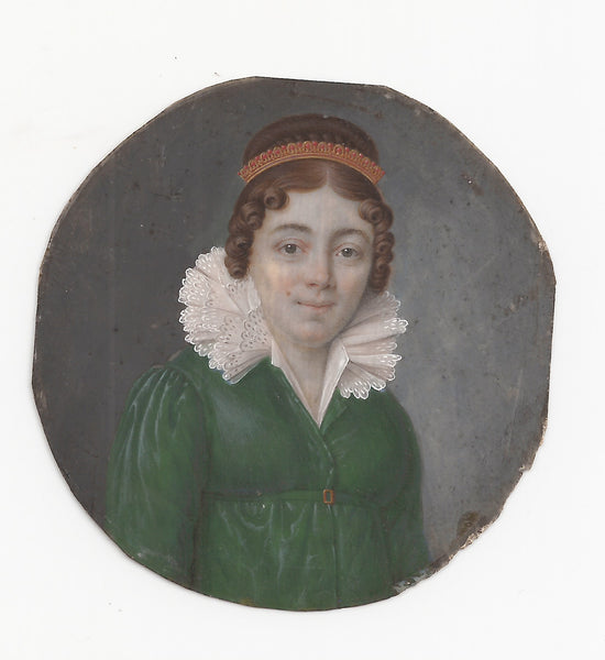 Miniature Portrait of a Lady in a Green Dress and a Red Hairband, French School circa 1810