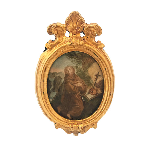 Miniature Painting of "Saint John of the Cross" on Tin with a Metal Frame, 19th Century Naples, Italy